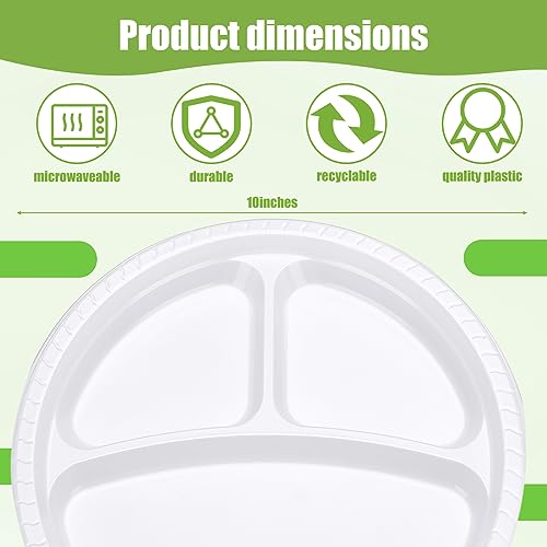 Umigy 100 Pcs 10 Inch 3 Compartments Divided Plastic Plates Bulk Colorful Disposable Heavy Duty Round Dinnerware for Valentine Wedding Birthday Party(White) - color: White