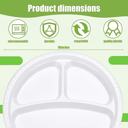 Umigy 100 Pcs 10 Inch 3 Compartments Divided Plastic Plates Bulk Colorful Disposable Heavy Duty Round Dinnerware for Valentine Wedding Birthday Party(White) - color: White