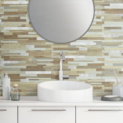 AULIGET 2 Sheets Beige & Brown Wood Peel and Stick Backsplash, PVC Mixed Metal Silver Wall Tile Stick on Backsplash for Kitchen and Bathroom - color: Beige & Brown Wood + Metal Silver, size: 2 Sheets, 6"x12"x0.12"