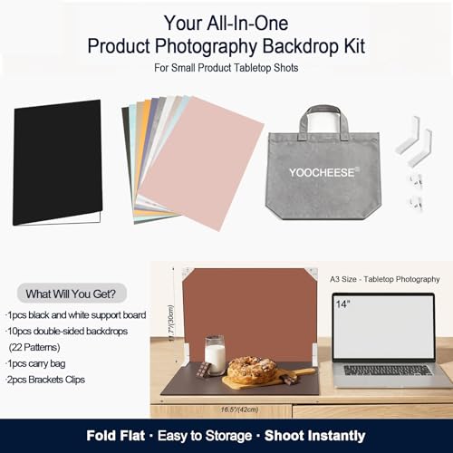 Yoocheese Photo Backdrop for Product Photography - Tabletop Photo Backdrop Kit - 10 Double-Sided Backgrounds, 20 Patterns - 1-Min Setup for Food Photography & Small Products, 16.5 x 11.7 in - color: Mulit