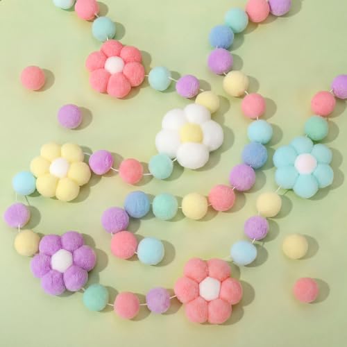 Tatuo 3 Pcs Spring 3D Pompom Ball Garland Pastel Daisy Sunflower Garlands Felt Floral Banner Hanging Flower Pastel Decor for Easter Holiday Birthday Party Boho Home Prop Photo(Floral,Multicolor) - color: Multi Color, style: Floral