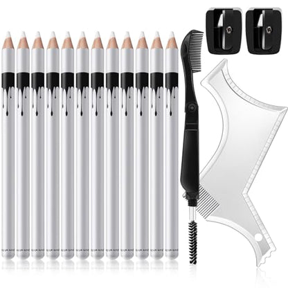 Ponhey 12Pcs Barber Pencil with 2 Sharpener 1 Sharpener Ruler Brush, White Magic Hairline Pencils for Lineup Beard Shaping Beard Guide Pen Barber Chalk for Beards Hair Makeup Design for Men