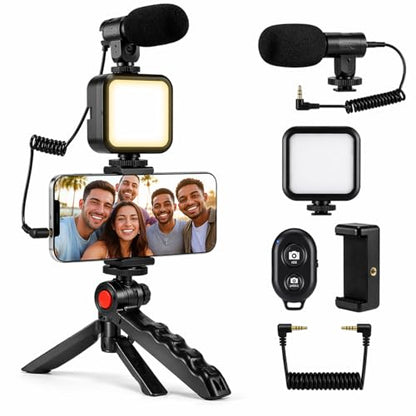 Phone Vlogging Kit with Microphone, LED Light & Tripod – Smartphone Video Recording Kit with Remote for YouTube, TikTok & Content Creators - size: 2) Beginner Kit