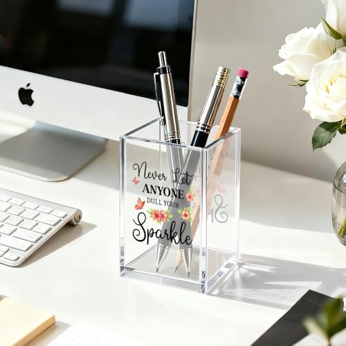 Never Let Anyone Dull You Sparkle Acrylic Cosmetic Organizer Pen Holder, Motivational Acrylic Desk Holder Cup for Pen Pencil, Inspirational Office Gifts for Women Coworker Femal Leader Bestie