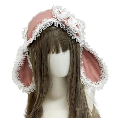 Rabbits Ears Hairband Photo Props Easter Hair Hoop Hairband Party Headpiece Fun Headbands for Music Festival - color: Pink & White Lace