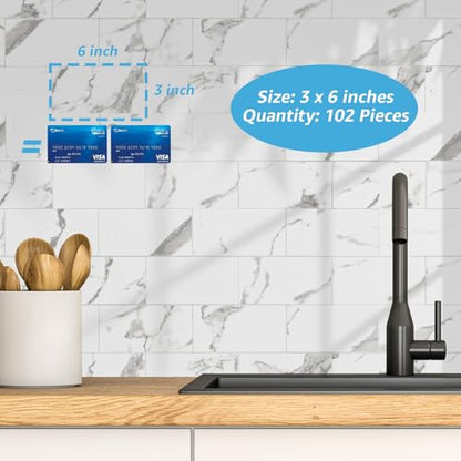 Art3d 102-Piece Faux Stone Peel and Stick Backsplash Tile, Waterproof Thick PVC Stick On Subway Wall Tile for Kitchen Bathroom Laundry Room Fireplace - 3" x 6" Gray Marble - color: Gray Marble