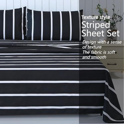 MAG 4Pcs Striped Twin Size Sheet Set,Black and White Microfiber Twin Bedding Sheet,Included 1 Fitted Sheet 14'' Deep Pocket+1 Flat Sheet+2 Pillowcases Soft and Breathable,Wrinkle and Fade Resistant. - color: Striped, size: Twin