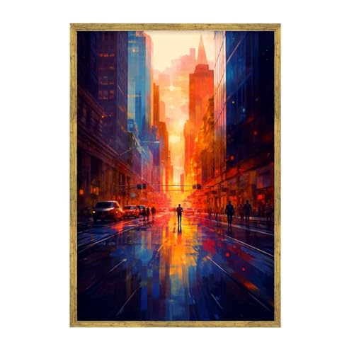 Framed Sunset Cityscape Canvas Print Modern Contemporary Poster Wall Art Stunning Painting Pictures Wall Decor for Living Room Office Home Decoration (16L x24W,Gold Framed) - size: 16l"x24w"