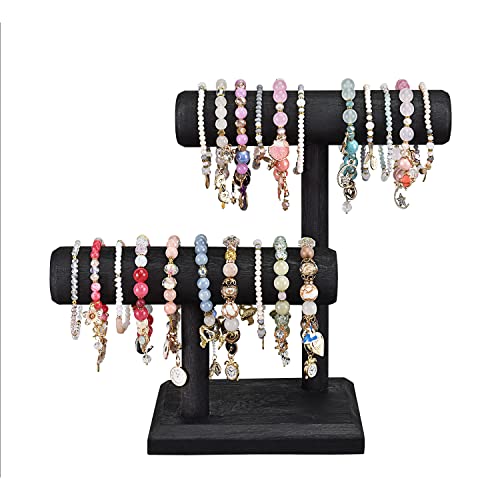 Ikee Design 2 Tier Wooden Jewelry Bracelet Watch Display Tower, Bangle Scrunchie Necklace Holder Storage Stand, 7.9 W x 4.3 D x 9.4 H in, Black Color - color: Black