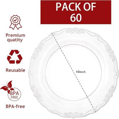 U-QE 60 Pieces Clear Plastic Plates - 10 Inch Clear Disposable Plates - Washable & Reusable - Premium Hard Disposable Dinner Plates - Party Supplies for Birthdays, Celebrations, Wedding and Events - color: Clear