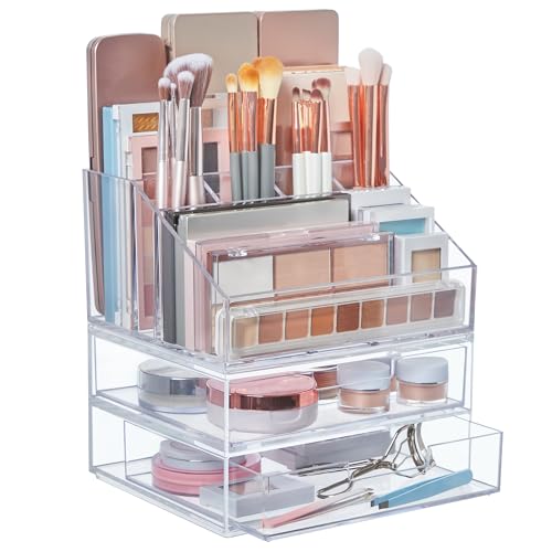 STORi Chloe Stackable Makeup Holder & Drawer Organizer Set, Clear, BPA-Free Plastic, Made in USA, Organize Brushes, Cosmetics & Beauty Essentials - style: Organizer & Drawer Set