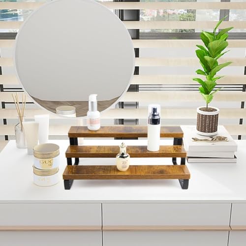 4-Tier Wooden Display Riser Shelf Stand for, Makeup, Cupcake, Condiment & Dolls Collection Home Decor Organizer, Expandable for Pantry/Counter (Brown, 3-Tier) - size: 3-Tier