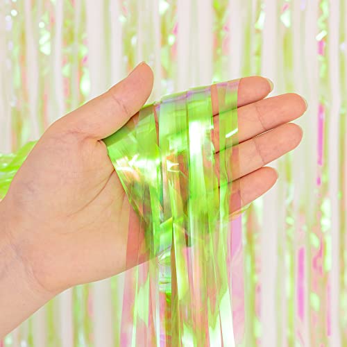 BRAVESHINE Iridescent Foil Fringe Backdrop - 2 Pack 3.2 x 6.5 ft Holographic Tinsel Curtain Party Streamers Photo Backdrop for Birthdays Dinosaur Theme Christmas Patricks Decorations - Clear Green - color: Clear Green