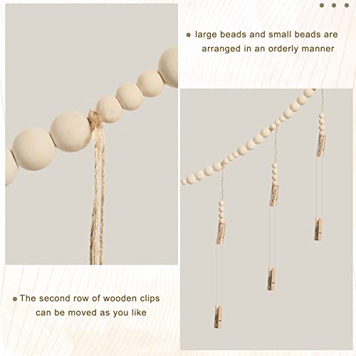 Kathfly 2 Pcs Hanging Photo Display with 36 Wood Clips DIY Boho Collage Picture Frame Wooden Beads Garland Hanging Picture Holder 3.61 ft Rustic Photo Wall Decor for Dorm Bedroom Nursery