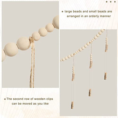 Kathfly 2 Pcs Hanging Photo Display with 36 Wood Clips DIY Boho Collage Picture Frame Wooden Beads Garland Hanging Picture Holder 3.61 ft Rustic Photo Wall Decor for Dorm Bedroom Nursery