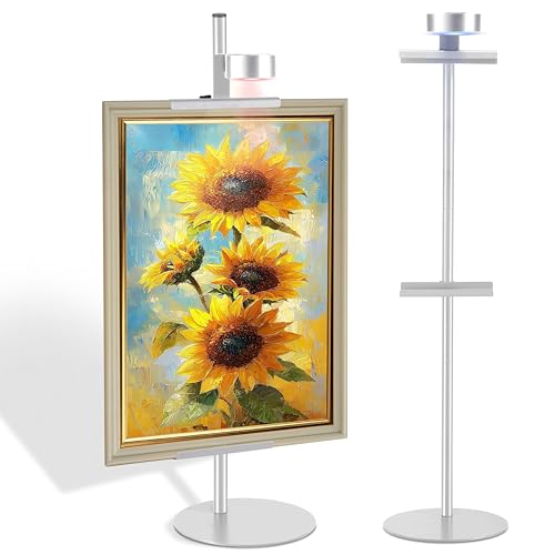 Adjustable Desktop Photo Frame Stand with Magnetic Wall Painting Light, Holds Picture Frames up to 30 Inch,with Rechargeable Battery,Metal Vertical Stand with 3 Color Temperature & 13RGB Poster Lights, for Displaying Picture Frames, Artworks (1, Silver, 3