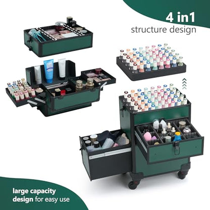 Somduy Rolling Makeup Case with Drawer, Makeup Train Case, 4 in 1Cosmetology Case on Wheels, Christmas Gift, Large Makeup Case Organizers, Profesional Cosmetic Case for Salon Barber, Green - color: Green