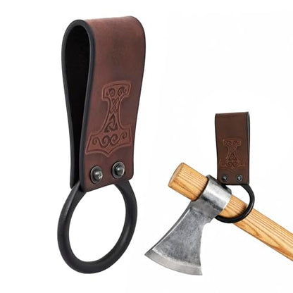 Lord of Battles Medieval Genuine Leather Axe Frog | Axe Holster with Belt Loop | Waist Holder for Axes, Tools - color: Mjolnir - Brown
