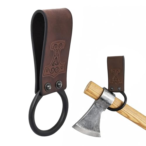 Lord of Battles Medieval Genuine Leather Axe Frog | Axe Holster with Belt Loop | Waist Holder for Axes, Tools - color: Mjolnir - Brown