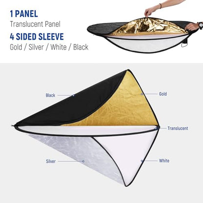 NEEWER 51 Inch/130 Centimeter Light Reflector Diffuser 5 in 1 Collapsible Multi Disc with Bag - Translucent, Silver, Gold, White, and Black for Studio Photography Lighting and Outdoor Lighting - size: 130cm