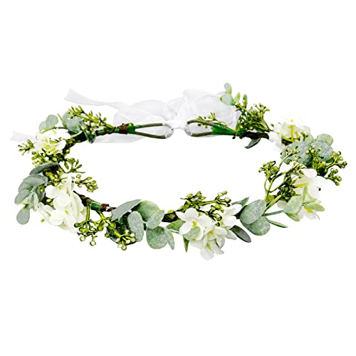 WOVOWOVO Green Leaf Crowns For Girls Women, Bridal Flower Crown Bride Hair Accessories Bohemian Floral Crown Eucalyptus Headband With Ribbon For Wedding Birthday Vacation Party Festival Photo Prop - color: Style 1