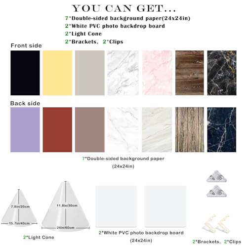 11PCS Large 24x24IN Photo Backdrops Board with Light Cone Kits, Photography Backdrop Seamless Flat Lay Paper, Light Cones, Brackets Clips Props Shoot for Jewlery Cosmetics Food Make-up - color: black yellow