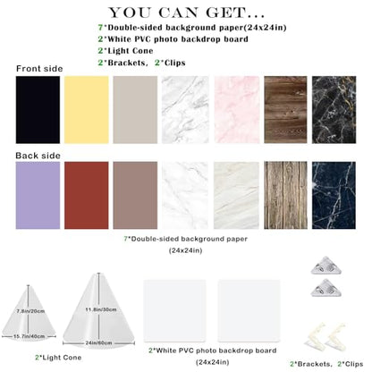 11PCS Large 24x24IN Photo Backdrops Board with Light Cone Kits, Photography Backdrop Seamless Flat Lay Paper, Light Cones, Brackets Clips Props Shoot for Jewlery Cosmetics Food Make-up - color: black yellow