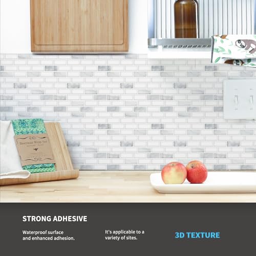 Art3d 10-Sheet Peel and Stick Backsplash Tile in White Marble, Self-Adhesive Wall Tiles Stick on Kitchen Laundry Room RV Renter - 12 x 12 Inch - color: White Marble