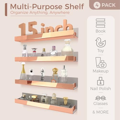 4 Pack 15 Inch Rose Gold Reflective Acrylic Shelves, Rose Gold Floating Shelves, Modern Sunglasses Essential Oil Picture Ledge Display Toy Storage Shelf - color: 15in-rose Gold Mirror