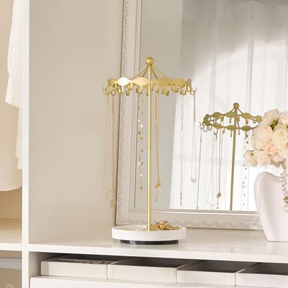 Lolalet Rotating Necklace Holder Stand with Metal Hooks, Spinning Display Carousels, Freestanding Organizer Hanger for Long Necklaces Chains, Mother's Day Birthday Gifts -Gold - color: Gold