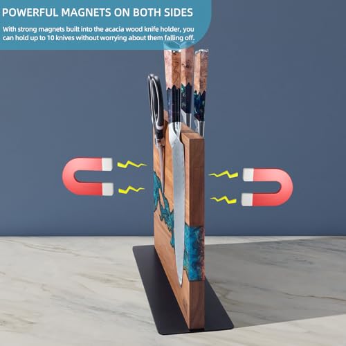 FINDKING Magnetic Knife Block, Double Sided Holder, Powerful Magnet Kitchen Storage, Acacia Wood and Blue Resin (12 x 10 Inches, Without Knives) - color: Blue