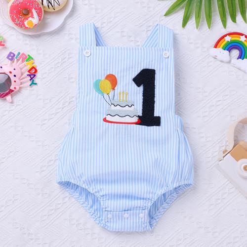 IMEKIS Baby Girls Boys Boho 1st Birthday Outfit Backless Overalls Romper for Cake Smash Photo Shoot - color: Blue Striped 1, size: 12-18 Months