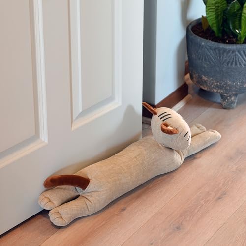 Kitty Cat Draught Door Stopper, Soft Beige Grey Flax Linen and Cotton, Curly Brown Ears and Tail, 29.75 Inches Long, 4.75 lbs. - color: Beige