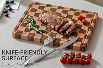 THETCHRY Cutting Boards for Kitchen, Checkered Cutting Board End Grain, Acacia Wooden Chopping Board with Juice Groove & Handle, Serving Tray for Meat, Bread & Fruit, 14"L x 11"W x 0.8"Th - size: 14"L x 11"W