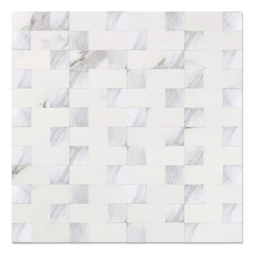 Yipscazo Peel and Stick Backsplash Tile, Stick on Stainless Steel Backsplash Metal Tiles for Kitchen Walls in Marble White Mixed Metal (12''x12'',10 Sheets) - color: Marble White mixed Metal