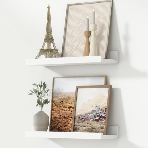 FLYJOE Picture Ledge Shelf, Floating Shelves Set of 2, 16 Inches Nursery Book Shelves for Toys Storage, Kids Bookshelf Wall Mounted for Living Room Bedroom Decor Books Photo Frames, White - color: White, size: 16'', Set of 2