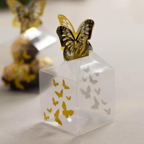 Efavormart 25 Pack Clear Square Candy Gift Boxes with Gold Butterfly Top, 2x2x4 inch Elegant Party Favor Treat Boxes for Baby Showers and Weddings - color: TYPE7