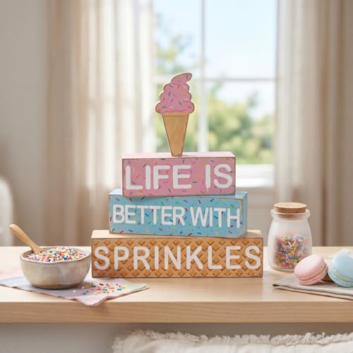 Geelin 4 Pieces Summer Ice Cream Table Wooden Decorations Ice Cream Wood Sign Centerpiece Home Decor Bar Party Decorations Blocks Tiered Tray Table Top Sign for Home - style: Ice Cream