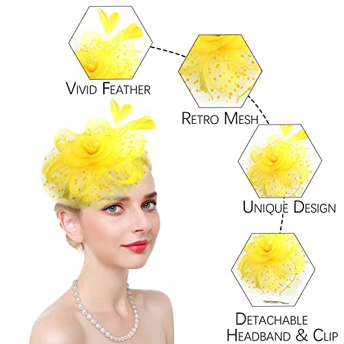 Fascinators Hats with Gloves Set for Women 20s 50s Cocktail Tea Party Wedding Costume Headwear - color: 02 Yellow