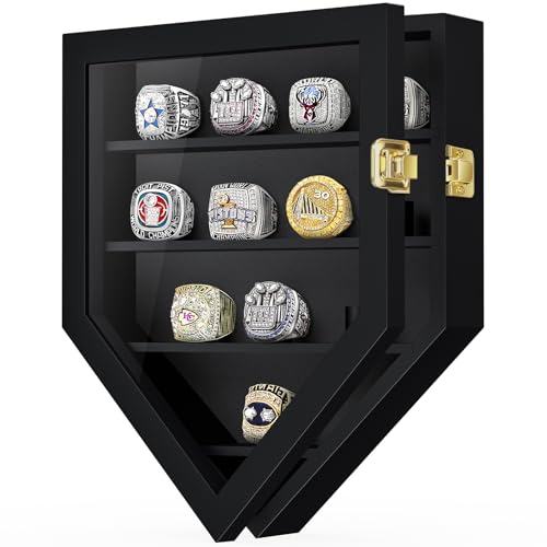 TJ.MOREE Championship Ring Display Case, 12 Ring Posts Baseball Ring Display Case, Wall Mount Wooden Glass Shadow Box with Locks to Show Sport, Class, Fraternity, and Award Rings - Black - color: 12 Posts-black-pentagon
