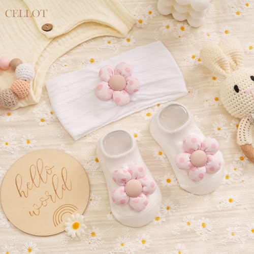 CÉLLOT Baby Girl Headband and Socks, Non-Slip Floral Socks and Soft Floral Nylon Hairbands for Babies Infants and Toddlers（dot） - color: White+Beige+Pink（Socks）