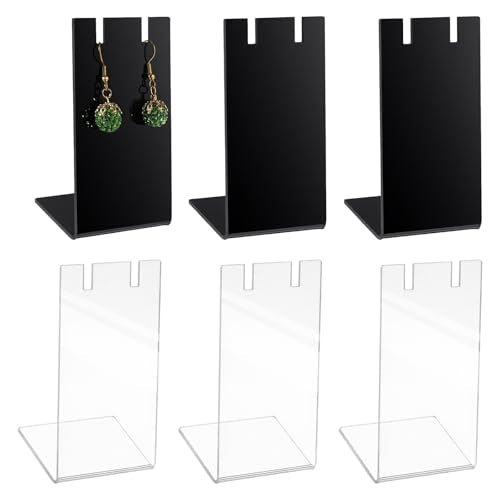 6Pcs Earring Display Stands Earring Holder Organizer for Vendors Single Earring-Card-Display Stand L-Shape Acrylic Dangle Earrings Jewelry Display for Vendors Home 1.4x1.8x3.35 Inch (3 Black 3 Clear)