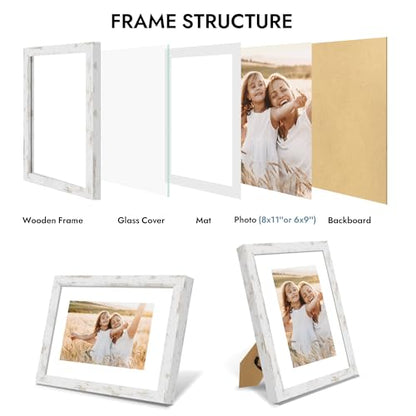 Hongkee 8x11 Picture Frame with Glass, Display Pictures 6x9 with Mat or 8 x 11 without Mat - Wall and Tabletop, 8 by 11 Photo Wooden Frames (Distressed White, 1 Pack) - color: Distressed White, size: 8X11 in