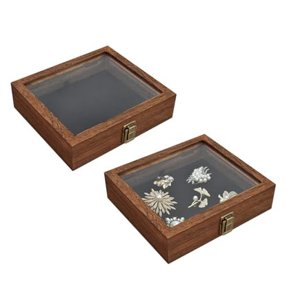 MOOCA Tempered-Glass Top 2 pieces Set Small Wooden Jewelry Display Case with Removable Black Luxurious Velvet Jewelry Display Pad, Deeper 2.2" Design for Collectibles, Brown Color. - color: Brown With Velvet Pad, 2 pieces