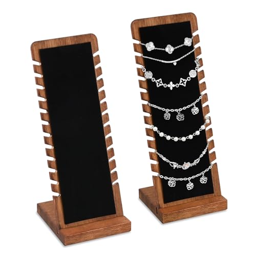 MOOCA 2 Pcs Set Wooden Freestanding Small Necklace Bracelet Holder Stand for Multiple 12 Necklaces or Bracelets, Jewelry Display Stand, Walnut Color, 3.9W x 3.6D x 10.4H in - color: Black/Walnut, Small 2 Pieces