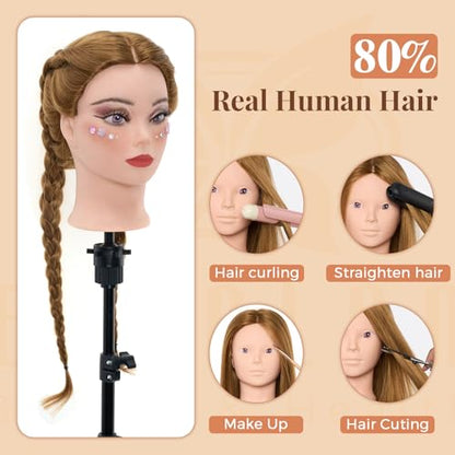 Mannequin Head 80% Human Hair with Tripod Stand,28 Inch Make up Cosmetology Manikin Practice Doll Head,Braiding Hairdressing Head with Table Clamp + DIY Hair Styling Set - color: Blonde#27