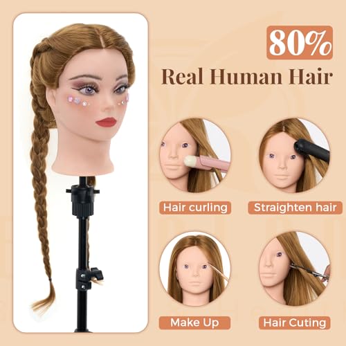 Mannequin Head 80% Human Hair with Tripod Stand,28 Inch Make up Cosmetology Manikin Practice Doll Head,Braiding Hairdressing Head with Table Clamp + DIY Hair Styling Set - color: Blonde#27