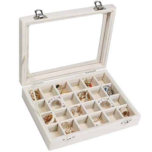 Vicoter Velvet Jewelry Box 24 Grid Jewelry Ring Display Organiser Box Tray Holder Earrings Storage Case for Girls Wife Mom Women (Beige) - color: Beige