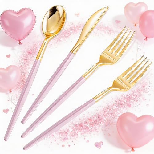 SUT 160Pcs Pink and Gold Plastic Silverware, Heavy Duty Plastic Silverware, Valentines Plastic Utensils, 80 Plastic Forks, 40 Knives, 40 Spoons, Disposable Cutlery for Parties, Valentines(Pink Gold) - style: Pink Gold