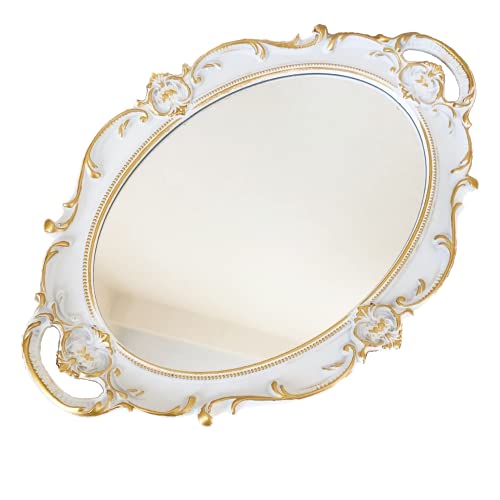 Schones Geschaft Decorative Mirror Tray, Makeup Jewelry Perfume Organizer, Vintage Oval Display and Serving Tray for Bedroom Living-Room Dresser Decor (14.6”x 9.8”) (White - Oval) - color: White - Oval